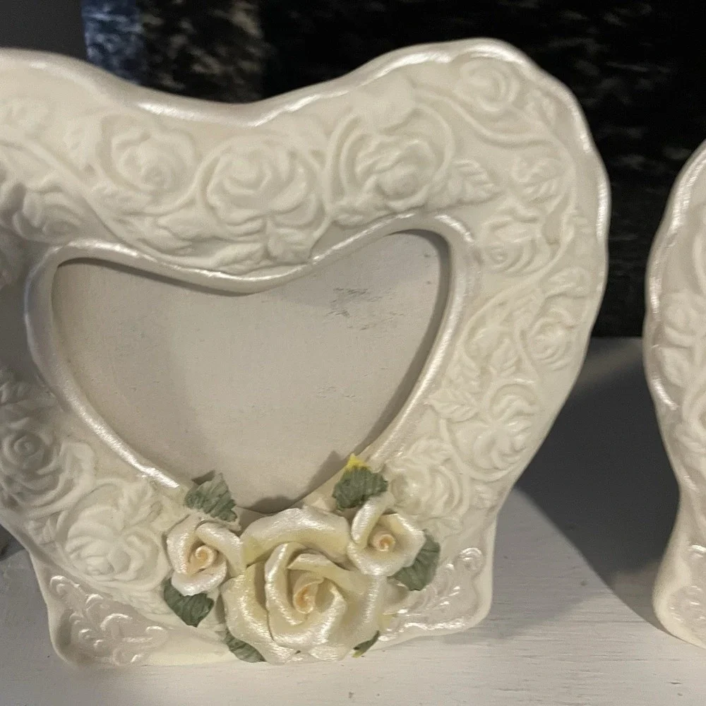 Vintage Yellow Rose‎ Set Of 2 Picture Frames  Bone China? Heart Shaped